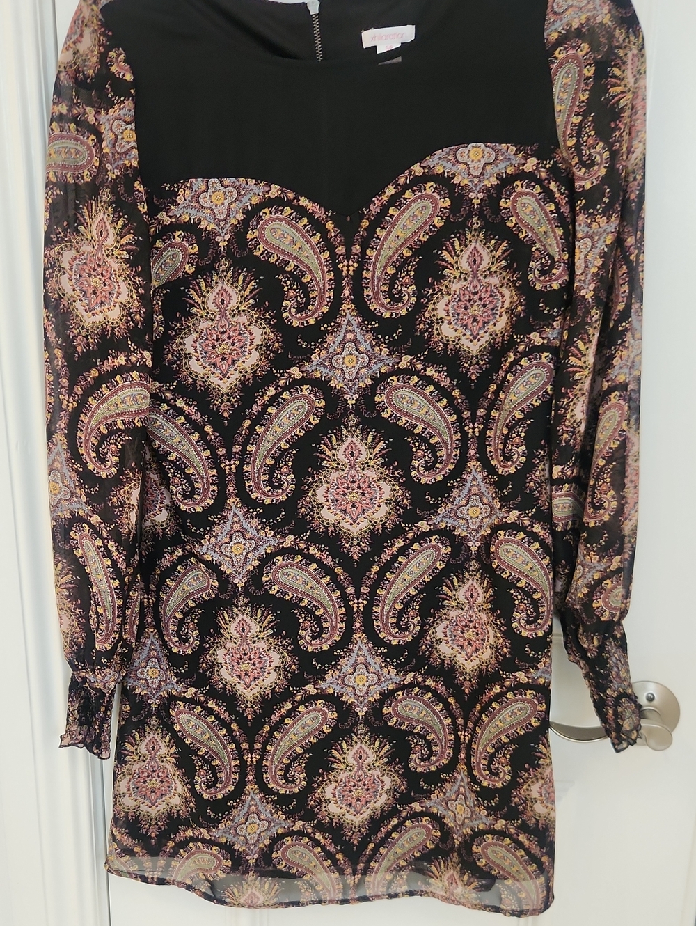 Xhilaration Black Paisley Long-Sleeve Dress with Pink & Cream Accents